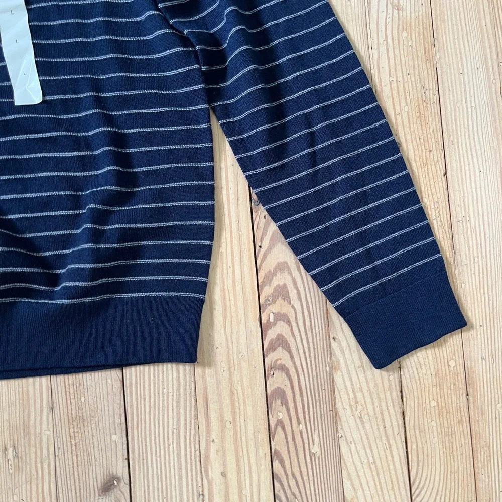 Banana Republic Mens Merino Wool Striped Crew Neck Sweater Navy Blue Large NEW